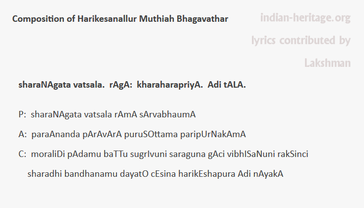 sharaNAgata vatsala. rAgA: kharaharapriyA. Adi tAlA.