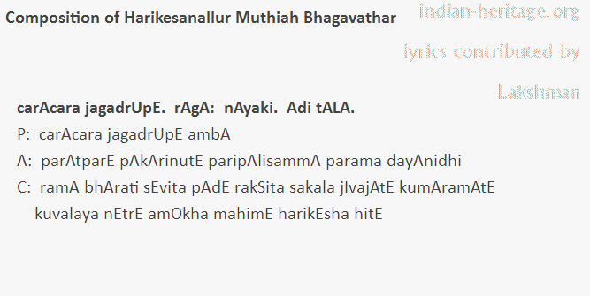 carAcara jagadrUpE.  rAgA:  nAyaki.  Adi tALA.